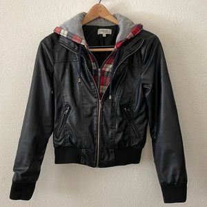 Faux Leather Jacket with Plaid Hood